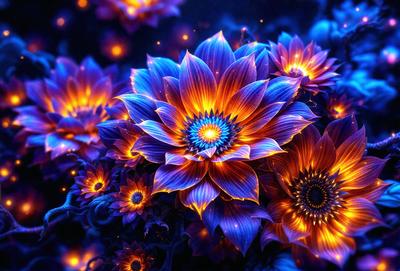 The primary subject of the image is a large, vibrant blue flower with a yellow center. The flower is surrounded by a field of other blue flowers, creating a visually striking scene. The setting appears to be a blue-lit environment, which adds to the overall mood of the image. The visual style of the image is a combination of photo and digital art, resulting in a unique and eye-catching display. The dominant colors in the image are blue and yellow, with the blue flowers and the blue-lit environment contributing