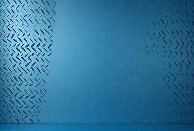 The primary subject of the image is a blue wall with a pattern of white shapes on it. The setting is a room with a blue background, and the visual style appears to be a combination of a photo and digital art. The dominant colors are blue and white, creating a calm and soothing atmosphere.