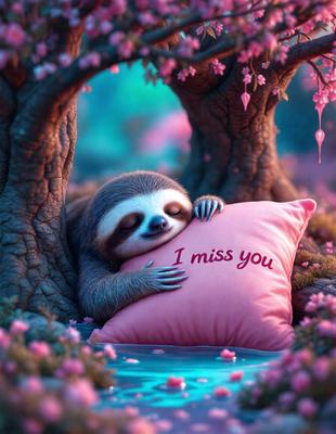 The primary subject of the image is a sloth, which is laying on a pink pillow. The setting is a forest, with a tree nearby. The visual style is digital art, and the colors and mood are predominantly pink, creating a warm and cozy atmosphere.
