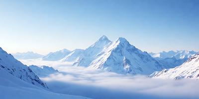 The primary subject of the image is a mountain range with snow-capped peaks. The setting is a cloudy sky, creating a dramatic backdrop for the majestic mountains. The visual style is a photo, capturing the beauty of the mountain range and the cloudy sky. The colors and mood of the image are predominantly blue and cold, reflecting the chilly atmosphere of the mountain range.