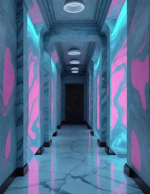 The primary subject of the image is a long, narrow hallway with a blue and pink color scheme. The setting is a marble-covered hallway, and the visual style appears to be a combination of photo and digital art. The dominant colors are blue and pink, creating a unique and vibrant atmosphere.
