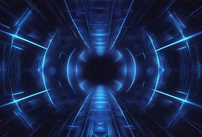 The primary subject of the image is a blue tunnel or a blue tunnel-like structure. The setting is a dark, blue environment, which creates a sense of depth and mystery. The visual style of the image is a combination of digital art and illustration, giving it a futuristic and surreal appearance. The dominant colors are blue and black, which contribute to the overall mood of the image, evoking a sense of wonder and exploration.