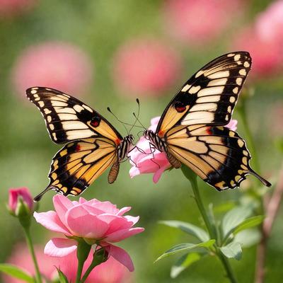 The primary subject of the image is a pair of butterflies, with one butterfly on top of the other, standing on a pink flower. The setting is a garden, with the butterflies surrounded by pink flowers. The visual style is a photo, capturing the beauty of the butterflies and their natural environment. The colors and mood of the image are predominantly pink, creating a warm and inviting atmosphere.