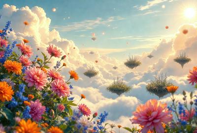 Primary subject: Flower garden with various flowers and floating objects.

Setting/background: A cloudy sky with a fluffy white cloud.

Visual style: Digital art.

Colors and mood: The image is colorful and has a whimsical, dreamy atmosphere.