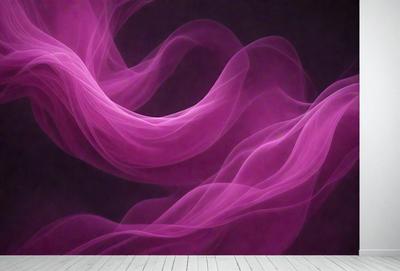 The primary subject of the image is a purple and pink flowing pattern, which appears to be a painting or a wallpaper design. The setting is a room with a wooden floor, and the visual style is a combination of artistic and digital elements. The dominant colors in the image are purple and pink, creating a warm and inviting atmosphere.