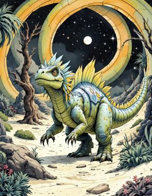 Primary subject: Dinosaur
Setting/background: A forest with trees and a moon in the background
Visual style: Digital art
Colors and mood: The dinosaur is green, and the overall atmosphere is serene and mysterious.