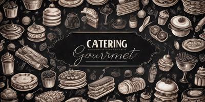 The image is a black and white illustration of various food items, including cakes, sandwiches, and bowls. The primary subject is a collection of food items, and the setting is a black background. The visual style is a combination of drawing and illustration, creating a detailed and artistic representation of the food items. The colors and mood are predominantly black and white, giving the image a classic and timeless feel.