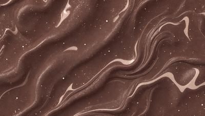 The primary subject of the image is a close-up of a chocolate-colored surface, possibly a piece of chocolate cake or a chocolate-covered item. The setting is a dark background, which contrasts with the chocolate surface. The visual style appears to be a close-up of the chocolate item, possibly a digital art or illustration. The colors and mood of the image are predominantly dark and rich, with the chocolate color being the main focus.