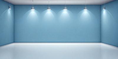 The primary subject of the image is a blue wall with three lights hanging from the ceiling. The lights are positioned at different heights and angles, creating a visually appealing and well-lit environment. The setting is a room with a white surface, which contrasts with the blue wall and adds to the overall aesthetic of the space. The visual style of the image is a combination of photo and digital art, resulting in a clean and modern appearance. The colors and mood of the image are predominantly blue