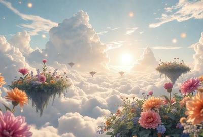 Primary subject: Flower-covered floating platforms in a cloudy sky.

Setting/background: The background features a cloudy sky, and the platforms are floating in the air.

Visual style: The image is a digital artwork, showcasing a creative and imaginative scene.

Colors and mood: The scene is predominantly colorful, with various shades of pink, yellow, and purple flowers. The overall atmosphere is whimsical and dreamy.