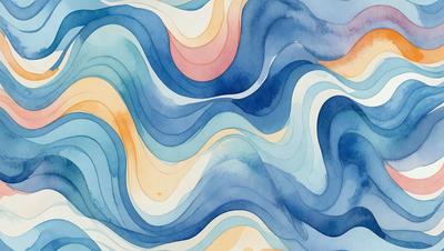 The primary subject of the image is a blue and white painting of a wave. The setting is a blue and white background, and the visual style is a painting. The dominant colors are blue and white, creating a calm and serene atmosphere.