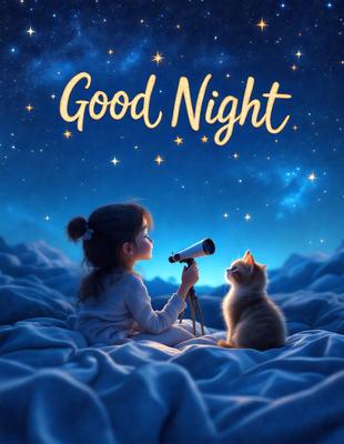 Primary subject: A young girl holding a telescope, looking at the stars.

Setting/background: The girl is sitting on a bed, with a night sky visible in the background.

Visual style: The image is a digital art illustration.

Colors and mood: The image has a warm and cozy atmosphere, with the girl and the cat sharing a peaceful moment under the stars.