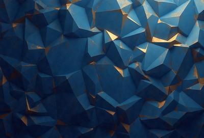 The primary subject of the image is a blue wall with a pattern of blue and gold geometric shapes. The setting is a room with a blue wall, and the visual style is a digital art or illustration. The dominant colors are blue and gold, creating a calm and soothing atmosphere.