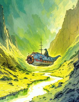 The primary subject of the image is a spaceship, which is flying through the air. The setting is a lush green valley with a river running through it. The visual style is a combination of digital art and illustration, creating a vibrant and dynamic scene. The colors and mood are lively and energetic, with the green valley and spaceship adding a sense of adventure and exploration.