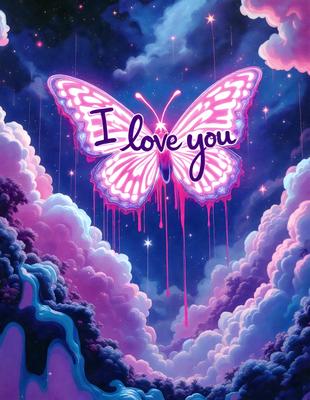 The primary subject of the image is a pink butterfly with purple wings, which is the main focus of the image. The setting is a cloudy sky, and the visual style is digital art. The colors and mood of the image are predominantly pink and purple, creating a warm and inviting atmosphere.