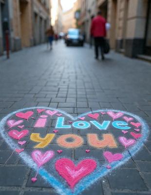 The primary subject of the image is a heart-shaped message written on the ground using chalk. The heart is filled with love and is placed on a sidewalk. The setting is an outdoor environment, with a street visible in the background. The visual style is a hand-drawn illustration, giving the image a creative and artistic appearance. The colors used are predominantly pink and white, creating a warm and positive atmosphere.