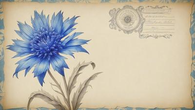 The primary subject of the image is a blue flower, which is the main focus of the scene. The setting is a piece of paper or a parchment, which serves as the background. The visual style of the image is a combination of digital art and illustration, creating a unique and artistic representation of the flower. The dominant colors in the image are blue and white, giving the scene a calm and serene atmosphere.
