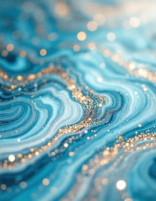 The primary subject of the image is a blue and gold swirling pattern, which appears to be a digital art or illustration. The setting is a blue background, and the visual style is a combination of digital art and illustration. The colors and mood of the image are predominantly blue and gold, creating a sense of depth and elegance.