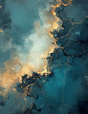 The primary subject of the image is a blue and yellow painting of a cloudy sky. The setting is a blue background, and the visual style appears to be a digital art or illustration. The dominant colors in the painting are blue and yellow, creating a serene and calming atmosphere.
