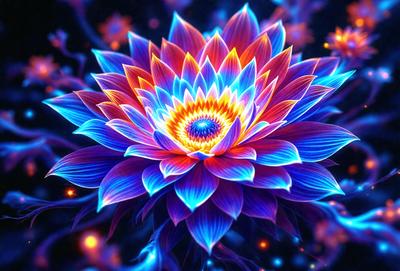 The primary subject of the image is a large, colorful flower with a blue and orange hue. The flower is the focal point of the scene, and it is set against a blue background. The visual style of the image is digital art, as it appears to be a computer-generated or digitally edited image. The dominant colors of the flower are blue and orange, creating a vibrant and lively atmosphere.