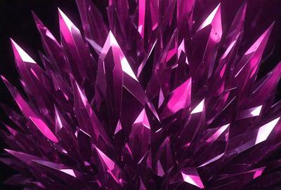 The primary subject of the image is a large, purple crystal formation. The setting is a dark background, which contrasts with the vibrant purple color of the crystal. The visual style appears to be a combination of a photo and digital art, as the purple crystal is depicted in a detailed and intricate manner. The colors and mood of the image are predominantly purple, creating a sense of depth and richness.