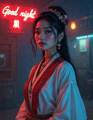 The primary subject of the image is a woman wearing a white dress and a red sash. She is standing in front of a neon sign, which adds a vibrant and lively atmosphere to the scene. The setting appears to be a nighttime city environment, with the woman posing for a picture. The visual style of the image is a combination of photo and digital art, creating a unique and eye-catching composition. The colors and mood of the image are predominantly white and red, with a touch of