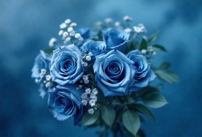 The primary subject of the image is a bouquet of blue roses. The setting is a blue background, which creates a striking contrast with the blue flowers. The visual style is a close-up of the bouquet, showcasing the details of the flowers and their stems. The colors and mood of the image are predominantly blue, giving it a calm and serene atmosphere.