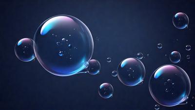 The primary subject of the image is a large, blue bubble floating in a dark blue background. The bubble is surrounded by smaller bubbles, creating a visually appealing and dynamic scene. The visual style of the image is a combination of photo and digital art, giving it a unique and artistic appearance. The colors and mood of the image are predominantly dark and moody, with the blue bubble and its surroundings being the main focus of the scene.