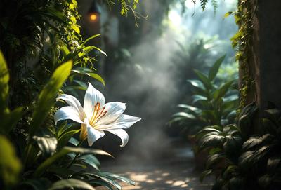 The primary subject of the image is a white flower, likely a lily, with a yellow center. The flower is situated in a garden setting, surrounded by green plants and a dirt path. The visual style of the image is a photo, capturing the beauty of the flower in its natural environment. The colors and mood of the image are predominantly green and serene, with the white flower standing out as the focal point.