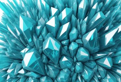 The primary subject of the image is a large, blue, crystal-like structure with many facets and angles. The setting is a blue background, which complements the vibrant colors of the crystal. The visual style is a digital art or illustration, showcasing the intricate details of the crystal. The dominant colors are blue and white, creating a serene and calming atmosphere.