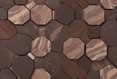 The primary subject of the image is a brown tile wall with a pattern of hexagonal shapes. The setting is a room with a brown tile floor. The visual style is a close-up of the tile wall, showcasing the intricate pattern. The dominant colors are brown and beige, giving the wall and floor a warm and earthy tone.