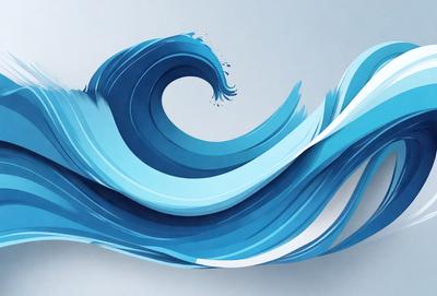 The primary subject of the image is a large, blue wave with white foam. The wave is depicted in a digital art style, giving it a modern and visually appealing appearance. The setting is a white background, which provides a clean and minimalist look to the image. The colors and mood of the image are predominantly blue and white, creating a sense of calmness and tranquility.