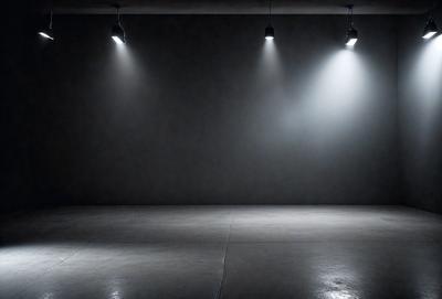 The primary subject of the image is a large, empty room with a white wall. The setting is a dark room with a single light source, which is shining brightly on the wall. The visual style is a black and white photo, giving the image a classic and timeless appearance. The colors and mood of the image are predominantly dark, with the bright light source creating a stark contrast against the otherwise dimly lit room.