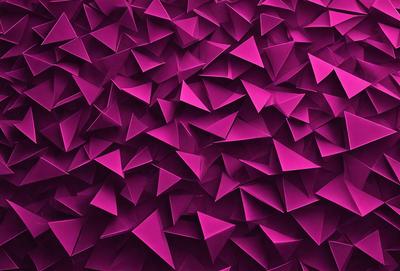 The primary subject of the image is a large, purple wall covered in a pattern of triangles. The setting is a room with a purple background, and the visual style appears to be a combination of digital art and illustration. The dominant colors in the image are purple and pink, creating a warm and inviting atmosphere.