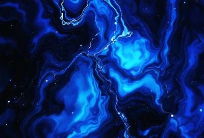 The primary subject of the image is a blue and black abstract art piece, featuring a swirling pattern of blue and white colors. The setting is a black background, which contrasts with the vibrant colors of the artwork. The visual style is a combination of digital art and illustration, creating a unique and captivating piece. The dominant colors are blue and white, with the blue hues creating a sense of depth and movement in the artwork. Overall, the image evokes a sense of creativity and artistic
