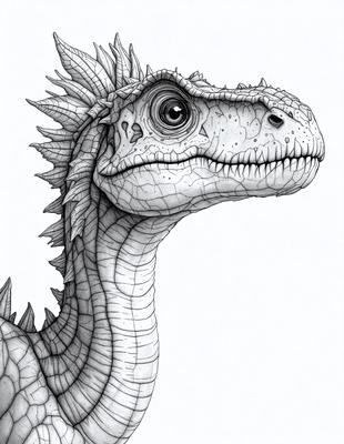The primary subject of the image is a dinosaur, specifically a T-Rex, with a large head and a spiky crest on its head. The setting is a white background, which provides a clean and uncluttered look to the drawing. The visual style is a detailed and intricate illustration, showcasing the dinosaur's features and textures. The colors and mood of the image are predominantly dark, with the T-Rex being the main focus and the white background providing