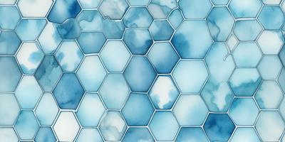 The primary subject of the image is a blue and white hexagonal pattern. The setting is a blue and white tiled surface, which creates a visually appealing and cohesive design. The visual style of the image is a combination of digital art and illustration, as it features a detailed and intricate pattern. The dominant colors in the image are blue and white, creating a calm and soothing atmosphere.