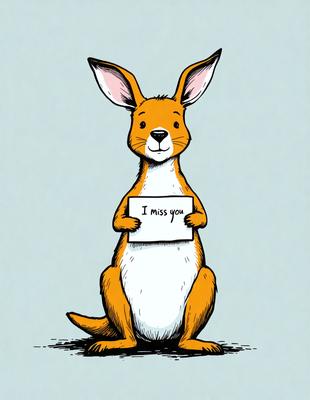 The primary subject of the image is a cartoon kangaroo holding a sign that reads "I miss you." The setting is a white background, and the visual style is a cartoon illustration. The colors are predominantly orange and white, creating a warm and friendly atmosphere.