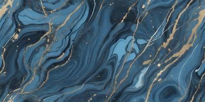 The primary subject of the image is a blue and gold marbled tile. The setting is a bathroom, with the marbled tile as the main focus. The visual style is a close-up of the tile, showcasing its intricate design. The colors and mood of the image are predominantly blue and gold, creating a luxurious and elegant atmosphere.