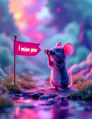 The primary subject of the image is a small mouse holding a flag. The mouse is standing on a rock, and the flag is positioned in front of it. The setting appears to be a forest, with a pinkish hue to the scene. The visual style is a digital art, and the colors and mood are predominantly pink and whimsical.