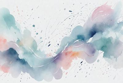 The primary subject of the image is a watercolor painting of a wave. The setting is a white background, and the visual style is a watercolor painting. The dominant colors in the painting are blue, purple, and orange, creating a vibrant and dynamic atmosphere.