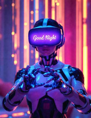 The primary subject of the image is a woman wearing a futuristic, white, and black outfit. She is wearing a pair of virtual reality goggles, which are purple in color. The setting is a futuristic environment, possibly a nightclub or a similar venue. The visual style of the image is a combination of photo and digital art, creating a unique and intriguing scene. The colors and mood of the image are predominantly dark and mysterious, with the purple gog