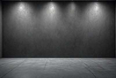 The primary subject of the image is a large, empty room with a gray wall. The setting is a concrete room, and the visual style is a black and white photo. The room appears to be a large, empty space with no furniture or decorations, giving it a stark and minimalist appearance. The dominant colors are gray and black, creating a mood of simplicity and emptiness.