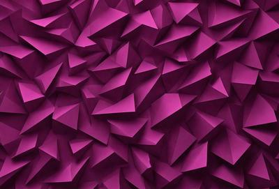 The primary subject of the image is a purple wall with a pattern of triangles. The setting is a room with a purple background, and the visual style is a close-up of the wall. The dominant colors are purple and pink, creating a warm and inviting atmosphere.