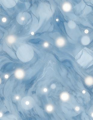 The primary subject of the image is a blue and white marbled surface with a pattern of white dots. The setting is a blue background, and the visual style appears to be a combination of a photo and digital art. The colors and mood of the image are predominantly blue and white, creating a calm and serene atmosphere.