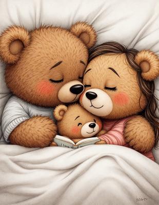 The primary subject of the image is a group of teddy bears, including a large teddy bear and a smaller teddy bear, all cuddling together. The setting is a bed, with the teddy bears lying on top of the sheets. The visual style is a colorful, whimsical illustration, creating a warm and cozy atmosphere. The colors and mood of the image are predominantly pink and brown, reflecting the comforting and affectionate nature of the scene.