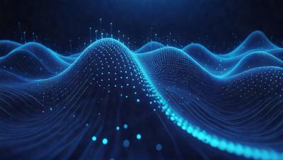 The primary subject of the image is a blue, light-filled, and visually stunning wave pattern. The setting is a dark background, which contrasts with the bright blue wave pattern. The visual style is a digital art or illustration, creating a unique and captivating scene. The dominant colors are blue and black, giving the image a calm and serene atmosphere.