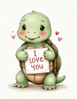 The image features a cute cartoon turtle holding a sign that reads "I Love You." The turtle is wearing a shirt and is standing on a heart-shaped surface. The scene is set in a loving and affectionate environment, with the turtle being the primary subject. The visual style is a combination of digital art and illustration, creating a whimsical and charming atmosphere.