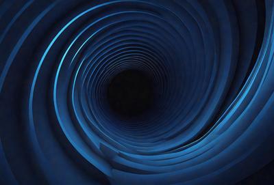 The primary subject of the image is a large, dark hole in the center of a blue spiral. The setting is a blue spiral, which creates a visually striking and unique environment. The visual style of the image is a combination of photo and digital art, giving it a surreal and intriguing appearance. The dominant colors in the image are blue and black, creating a moody and mysterious atmosphere.
