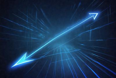 The primary subject of the image is a blue arrow pointing upwards. The setting is a dark blue background, which creates a contrast with the bright blue arrow. The visual style appears to be a digital art or illustration, as the arrow is depicted in a stylized manner. The colors and mood of the image are predominantly blue, giving it a calm and serene atmosphere.